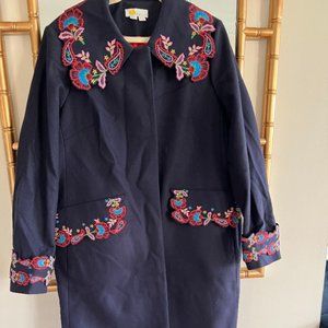 Boden navy blue wool blend full length embroidered coat 16/18 EUC